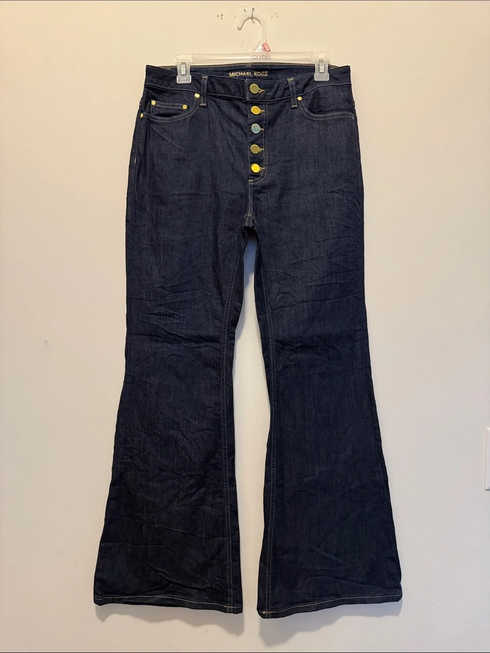 Michael Kors Dark Blue High-Rise Flare Jeans with Multi-Button Front
